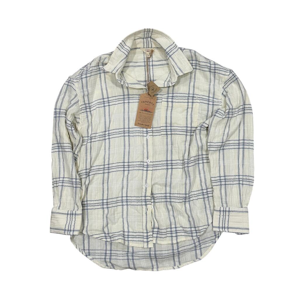 Faherty NWT Dune Cotton Gauze Relaxed Shirt Medium - Blue Cove Plaid - Picture 2 of 4
